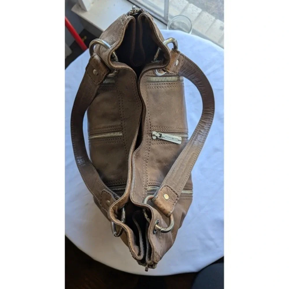 Michael Kors Hobo Shoulder Bag Side Expandable Zippers Distressed Leather Beige